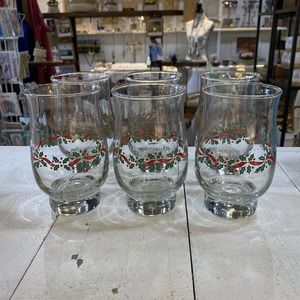 6 Vintage Christmas Glasses Holly Berry Arby's Promo Tumblers Footed Libbey